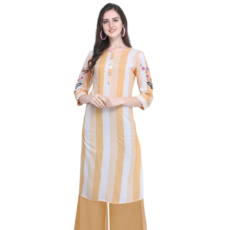 Imposing Light Yellow Colored Casual Embroidered Rayon Kurti - JK6457836334