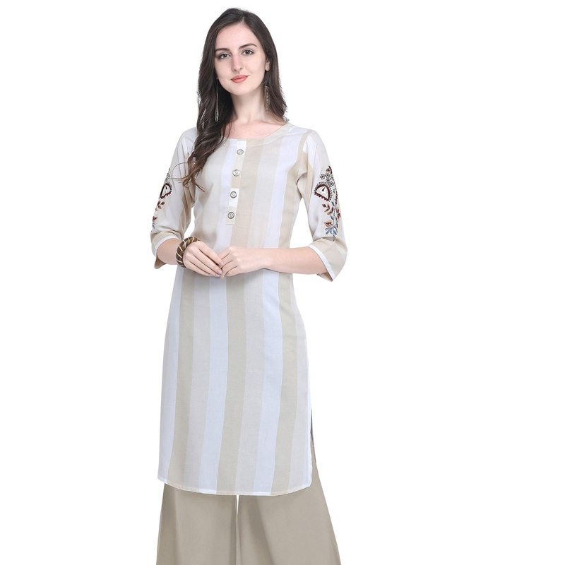Impressive Beige Colored Casual Embroidered Rayon Kurti - JK6457836332