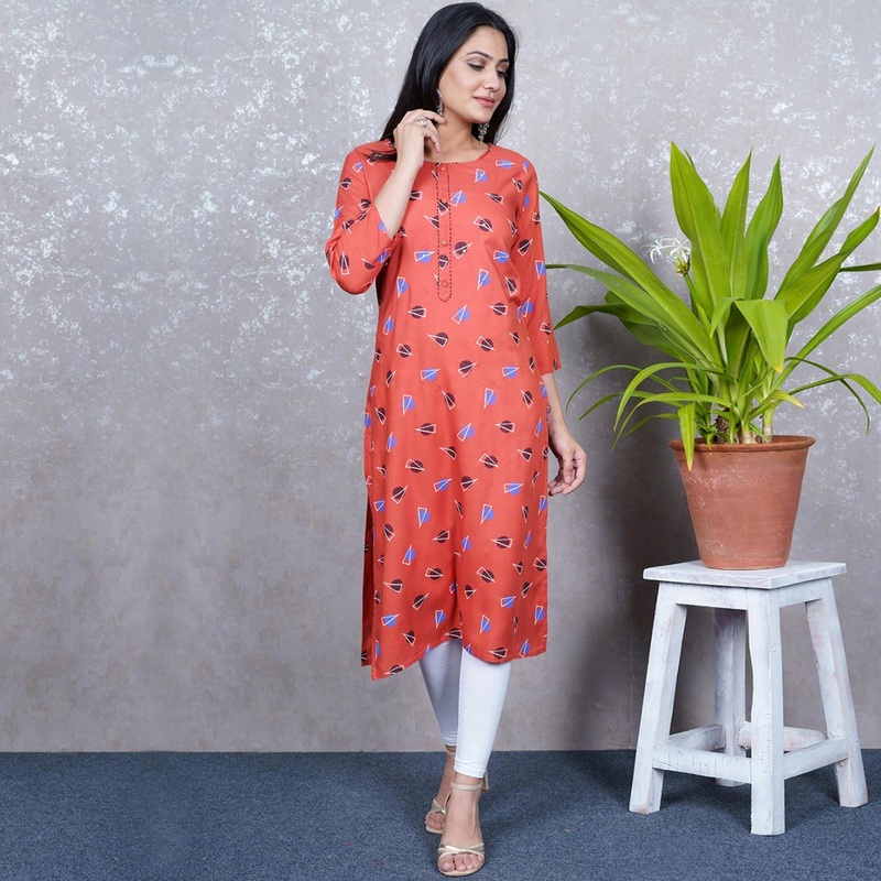 Aariya Designs - Rust Orange Colored Casual Wear Geometric Printed Rayon Kurti - JK6457836254