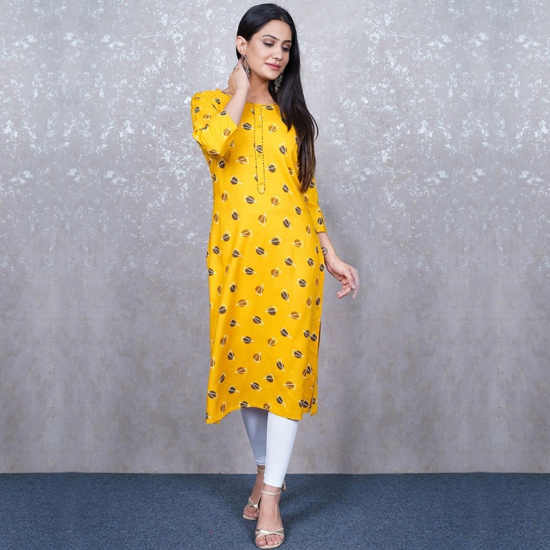 Aariya Designs - Yellow Colored Casual Wear Geometric Printed Rayon Kurti - JK6457836243