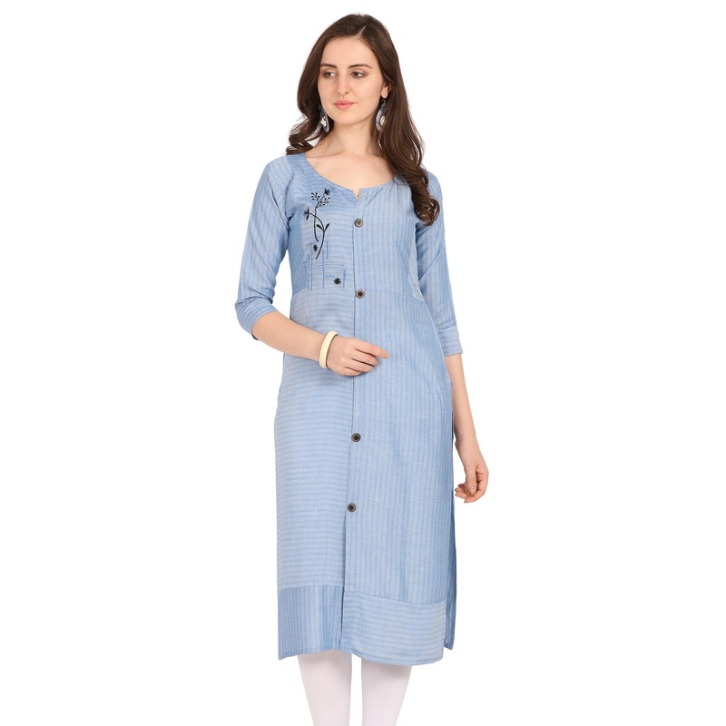 Elegant Blue Colored Party Wear Embellished Work Rayon Kurti - JK6457836183