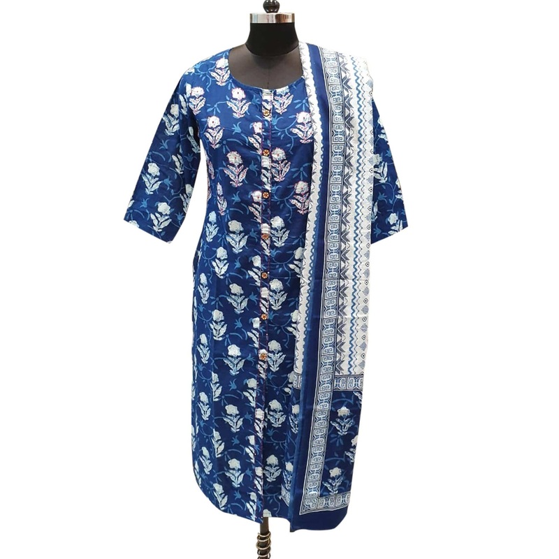 Refreshing Blue Colored Casual Printed Cotton Kurti With Dupatta - JK6457836289