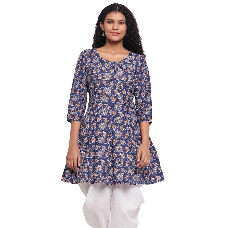 Fabnest - Indigo Blue Colred Printed Peplum Cotton Short Kurti - JK6457835679