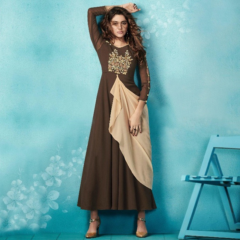 Precious Dark Brown Colored Embroidered Party Wear Faux Georgette Kurti - JK6457835479