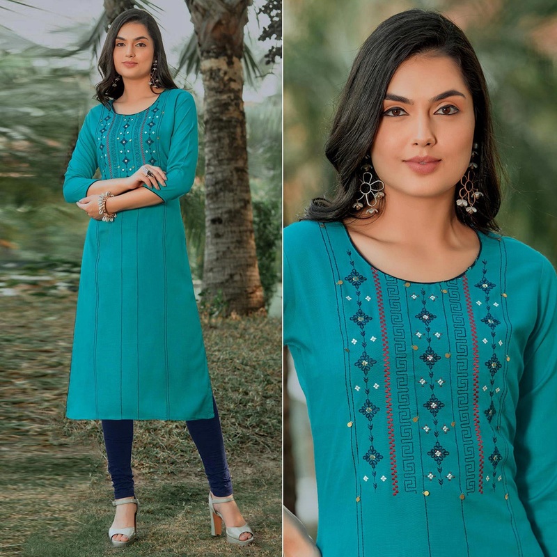 Sky Blue Embroidered Pure Cotton Kurti - JK6457816219